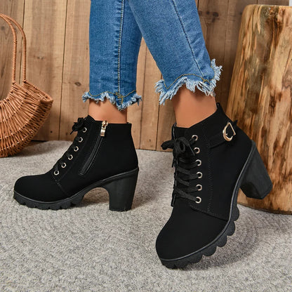 2024 Women Shoes Women Fashion High Heel Lace Up Ankle Boots Ladies Buckle Platform Artificial Leather Shoes Bota Feminina