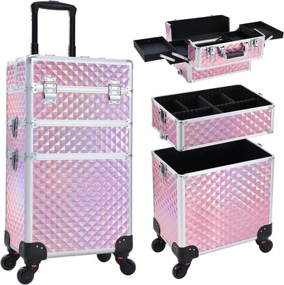 Rolling Makeup Case 3 In 1 Removable Make Up Case Cosmetology Case On Wheels Large Capacity Lockable Makeup Trolley For Salon