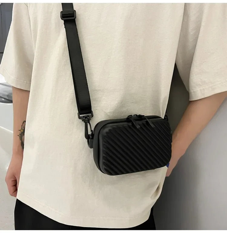 Simple Lightweight Box Bag Unisex Trendy Diagonal Striped Shoulder Bag Soft PU Leather pressed shell Men's Messenger Bag