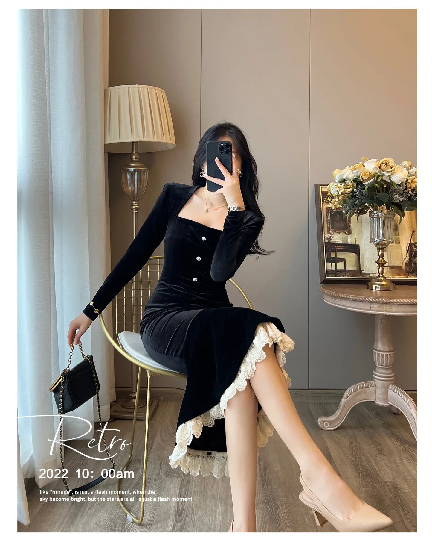 Elegant French Haban Style Fish Tail Skirt Spring Autumn Soft High Class Square Collar Long Sleeve Black Velvet Long Dress