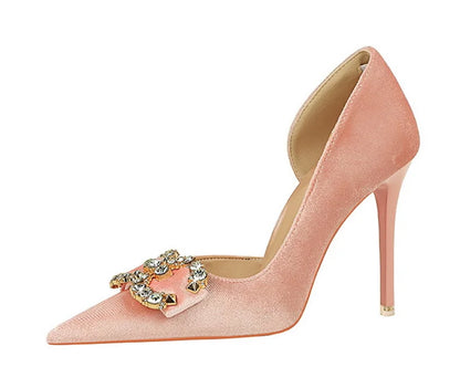 Fashion Women High Heel Rhinestone Buckle Bow Green Pink Pointed Toe Party Pumps Velvet Luxury Elegant Wedding Evening Shoes