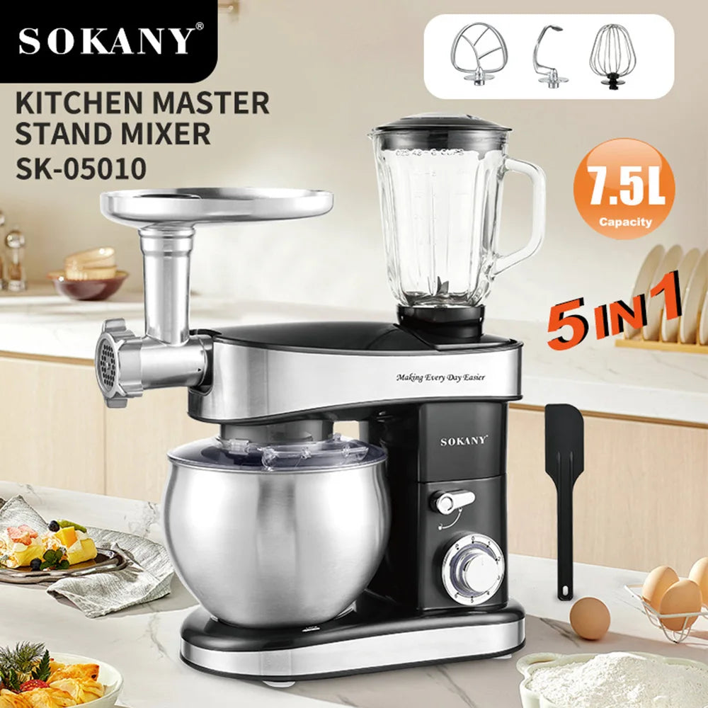 Houselin 5-in-1 Multi-Purpose Stand Mixer with 7.5L Stainless Steel Bowl for Most Home Cooks