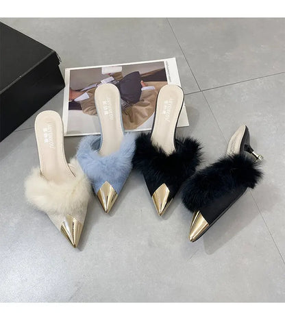 2023 Summer Women Pump Feather Heels Fashion Simple Wind Mule Slippers Women's Slide Stiletto Heels Shoes for Women  Heels