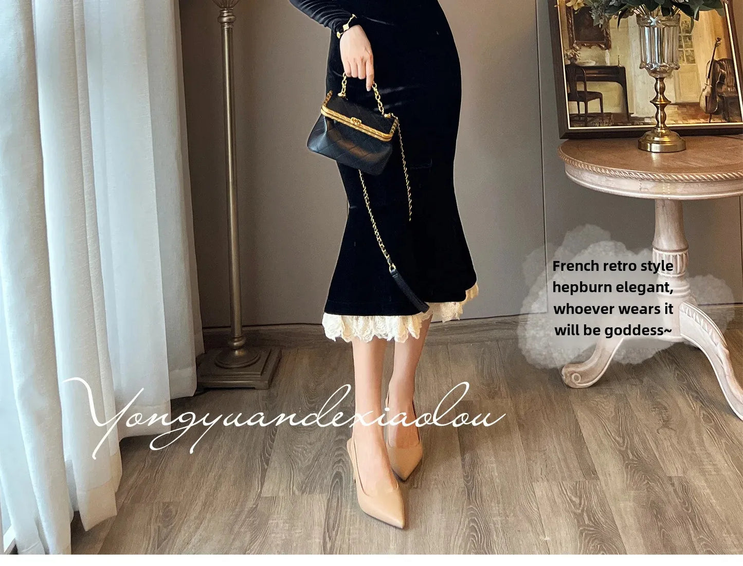 Elegant French Haban Style Fish Tail Skirt Spring Autumn Soft High Class Square Collar Long Sleeve Black Velvet Long Dress