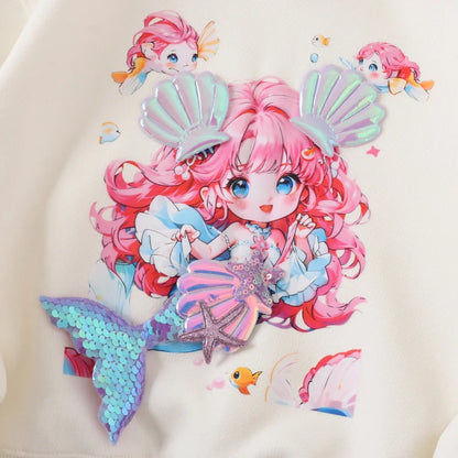 2024Girls' New Spring, Autumn and Winter Mermaid Little Girl Three-Dimensional Pattern Pullover Comfortable Bottoming Shirt