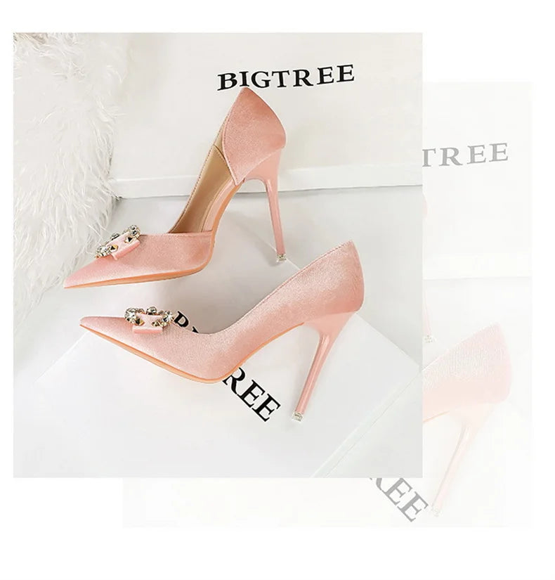 Fashion Women High Heel Rhinestone Buckle Bow Green Pink Pointed Toe Party Pumps Velvet Luxury Elegant Wedding Evening Shoes