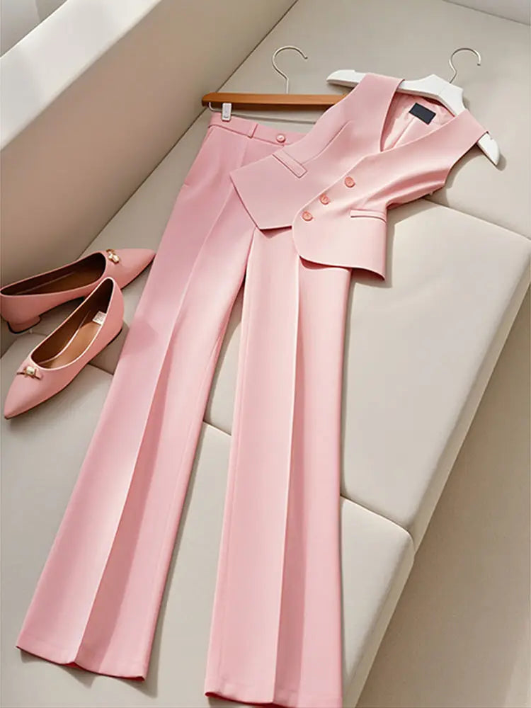 Fashion Sweet Sleeveless Slim Fit Vest Tops Women+ Y2k High Waist Straight Loose Wide Leg Pants 2025 New Pink Two Piece Sets