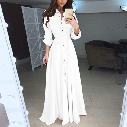 2024 Spring Long Sleeve Shirt Dresses Elegant Belted Maxi Dress for Women White Solid Casual Lapel Party Holiday Long Dress Robe