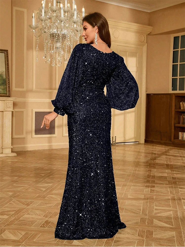 V-Neck Slim Fit Long Sleeve Apricot Sequined Floor-Length Evening Dress For Women Shiny Multi-Color Banquet Festival Prom Gown