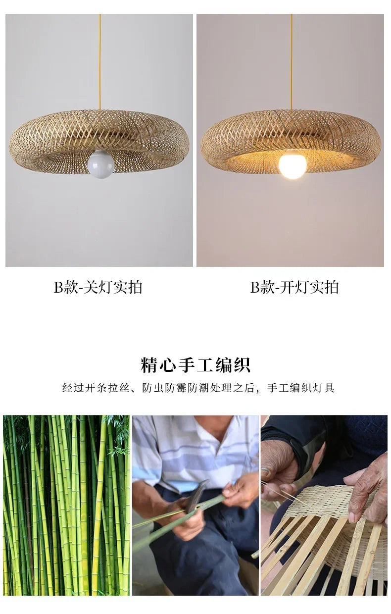 Bamboo Hand Weaving Pendant Lights 38cm Hanging LED Ceiling Lamp Chandelier Fixture Rattan Hand Craft Woven Home Bedroom Decor