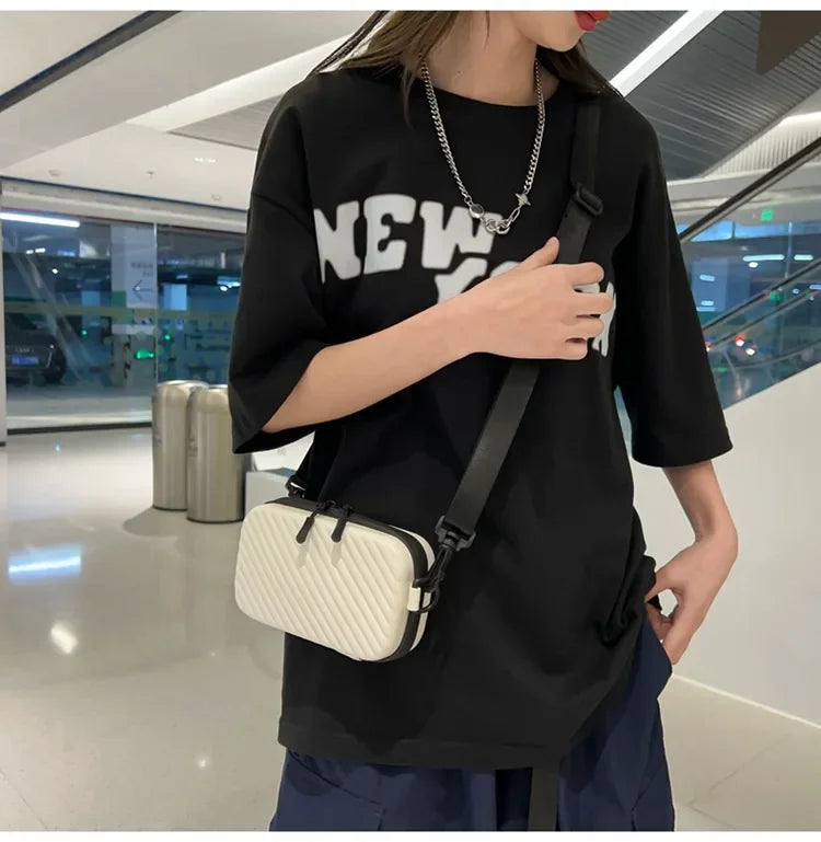 Simple Lightweight Box Bag Unisex Trendy Diagonal Striped Shoulder Bag Soft PU Leather pressed shell Men's Messenger Bag