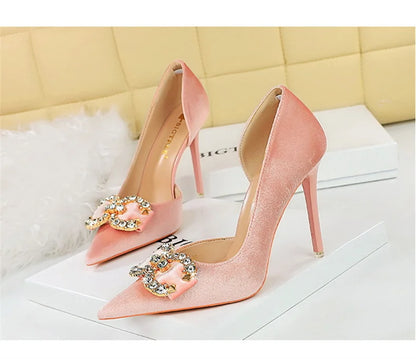 Fashion Women High Heel Rhinestone Buckle Bow Green Pink Pointed Toe Party Pumps Velvet Luxury Elegant Wedding Evening Shoes