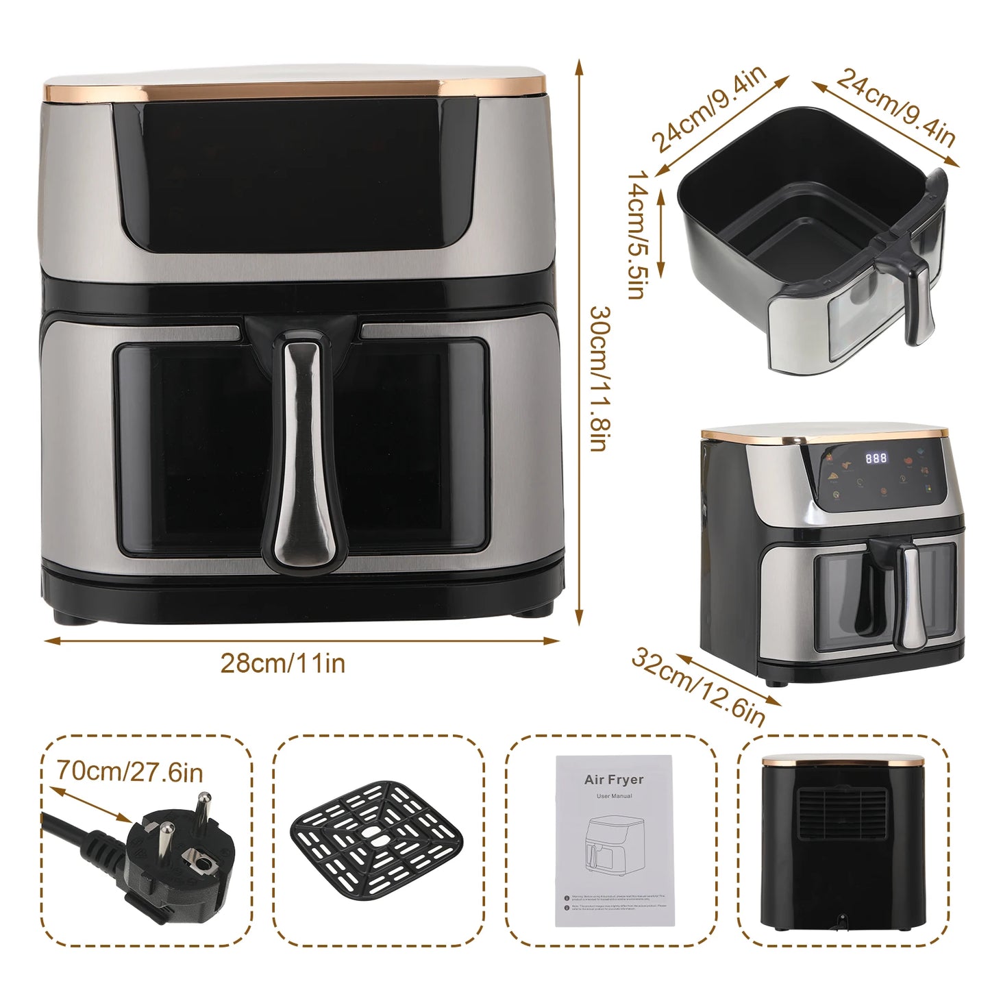 Air Fryer 12L Stainless Steel Visible Large Capacity Electric Oven Touch Screen Multifunctional Electric Fryer EU Plug