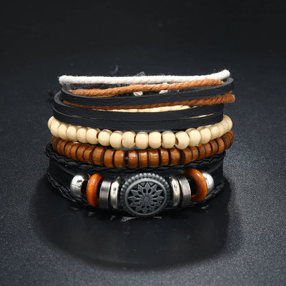 4Pcs/ Set Braided Wrap Leather Bracelets for Men Vintage Life Tree Rudder Charm Wood Beads Ethnic Tribal Wristband Rope Bracelet