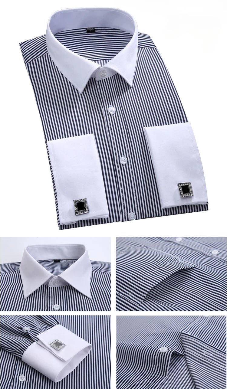 M~6XL Men's French Cuff Dress Shirt 2024New White Long Sleeve Formal Business Buttons Male Shirts Regular Fit Cufflinks Shirt