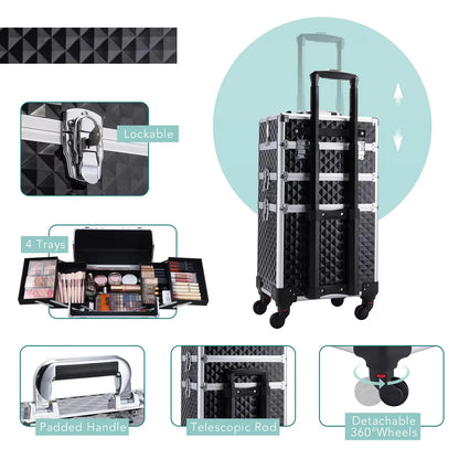 Rolling Makeup Case 3 In 1 Removable Make Up Case Cosmetology Case On Wheels Large Capacity Lockable Makeup Trolley For Salon