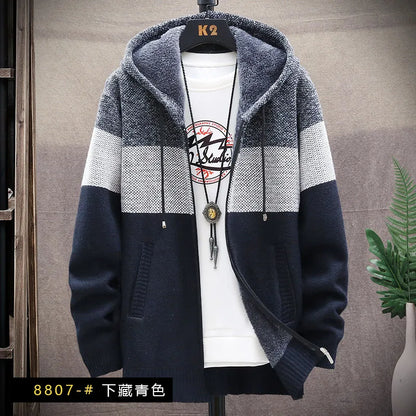 Autumn Winter Cardigan Sweater Men Fleece Zipper Sweaters Velvet Contrast Striped Sweater Coats Casual Jackets