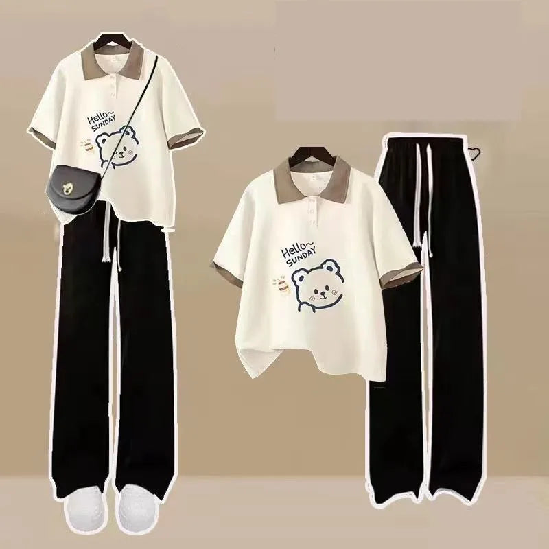 Women's Summer New Cartoon Loose Tracksuit Matching Set Korean Loose Bear Polo Short-sleeve T-shirt+Wide Leg Pant Two Piece Suit