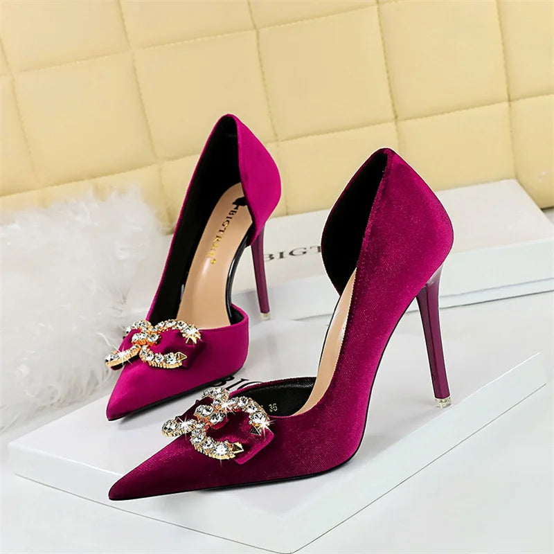 Fashion Women High Heel Rhinestone Buckle Bow Green Pink Pointed Toe Party Pumps Velvet Luxury Elegant Wedding Evening Shoes