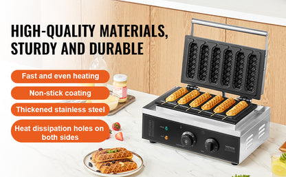 VEVOR Commercial Waffle Stick Maker 6PCS Waffle Baker Machine Non-Stick Stainless Steel Corn Hot Dog Waffle Iron for Restaurant